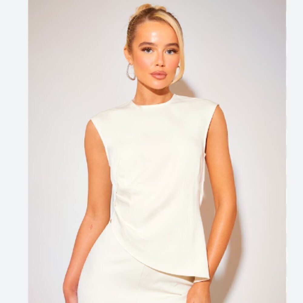 PrettyLittleThing Cream Tailored Side Ruched Asymmetric Hem Longline Top